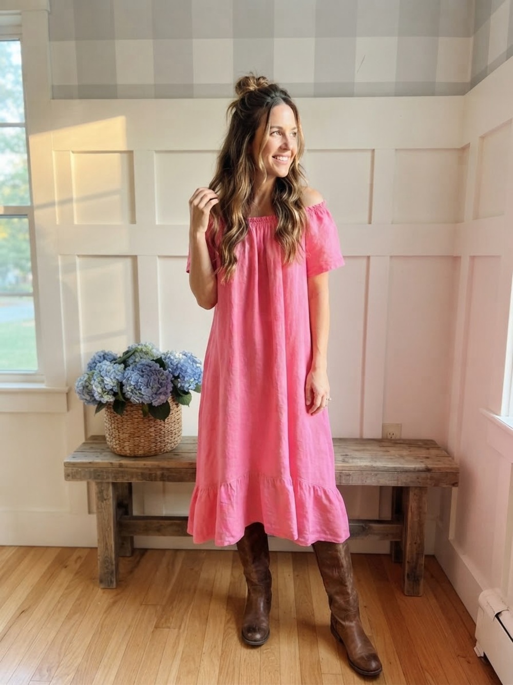 Italian Linen Pink Off-Shoulder Midi Dress with Ruffle Hem Large